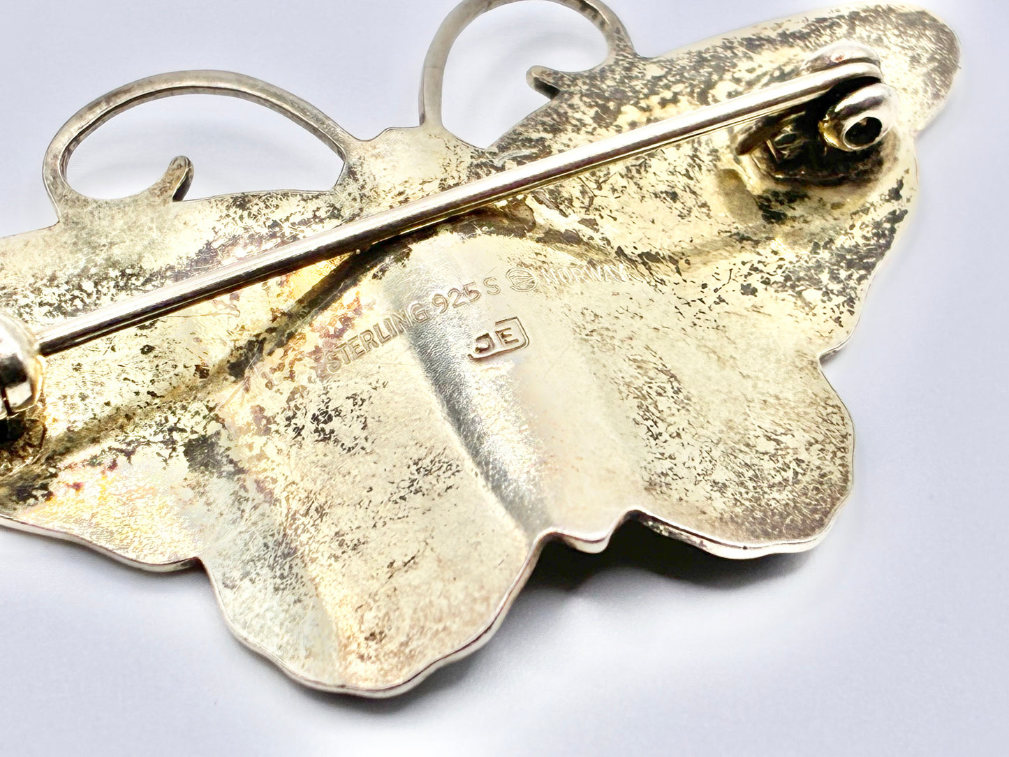 Norwegian Sterling Silver 925S Enamel Butterfly Brooch JE Norway Guilloche
