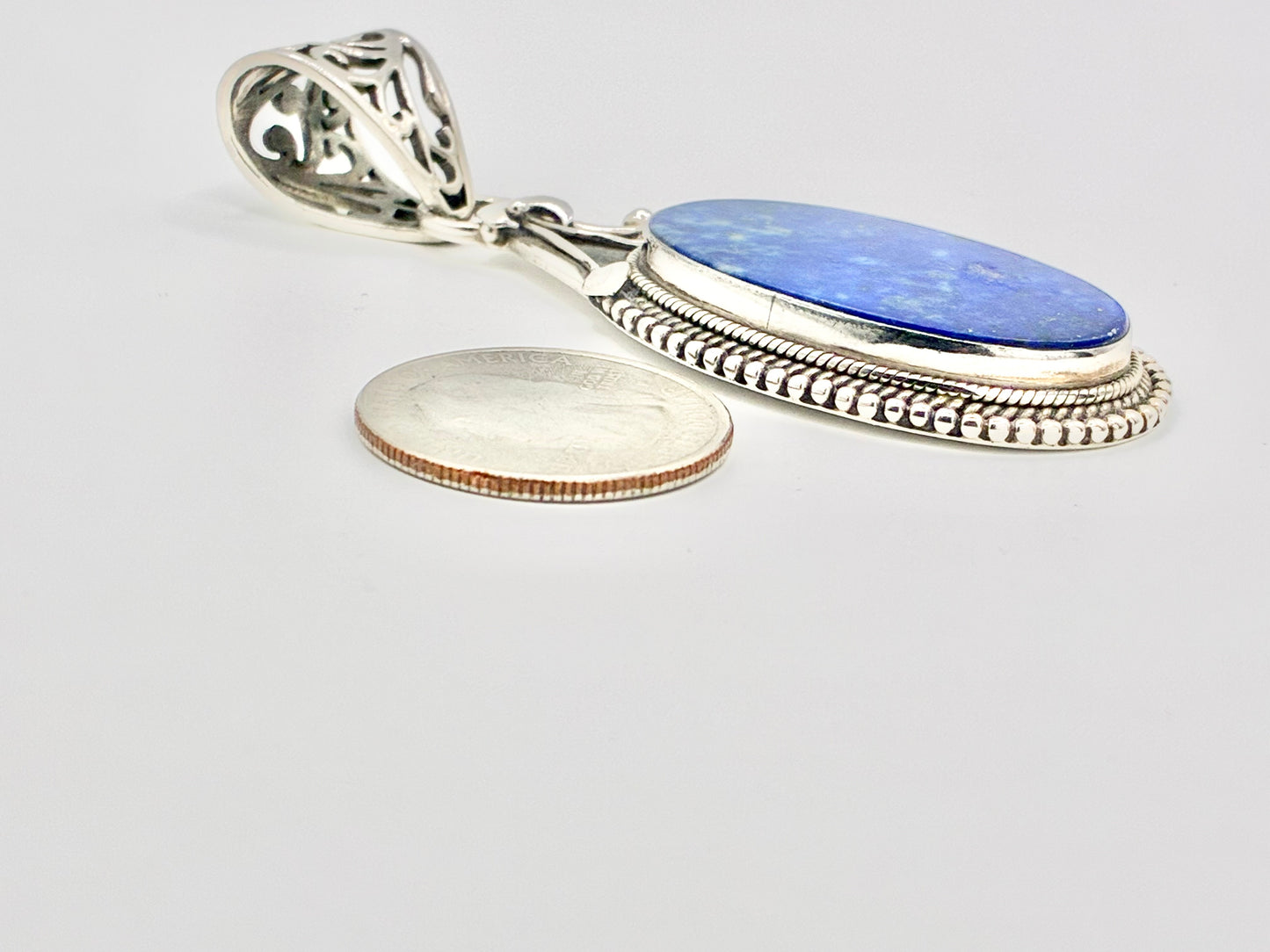 Large Sterling Silver Natural Blue Stone Pendant | Oval Cabochon | Ornate Filigree Bail | 925