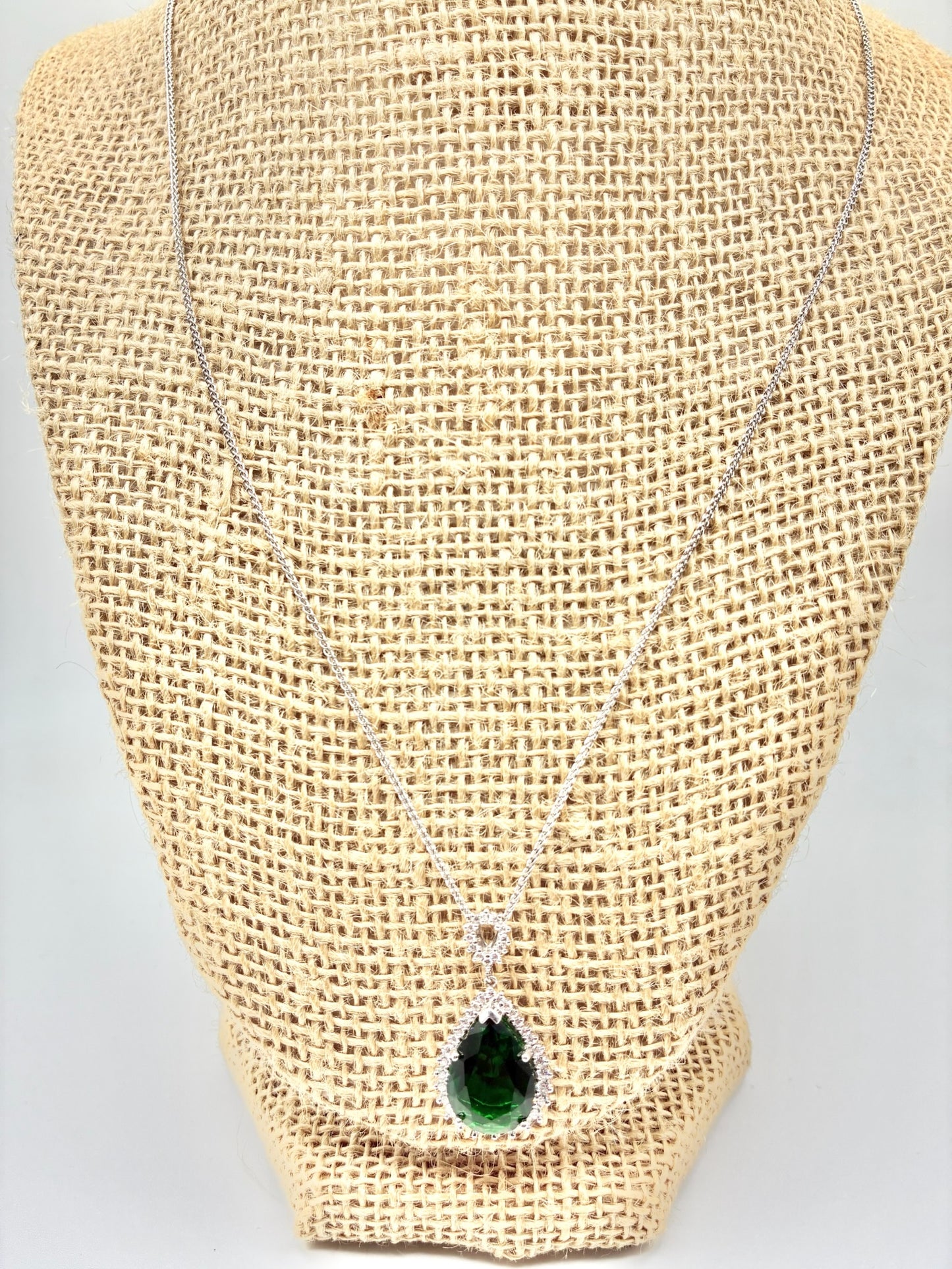 Stauer Sterling Silver Green Teardrop Halo Pendant Necklace - 20"