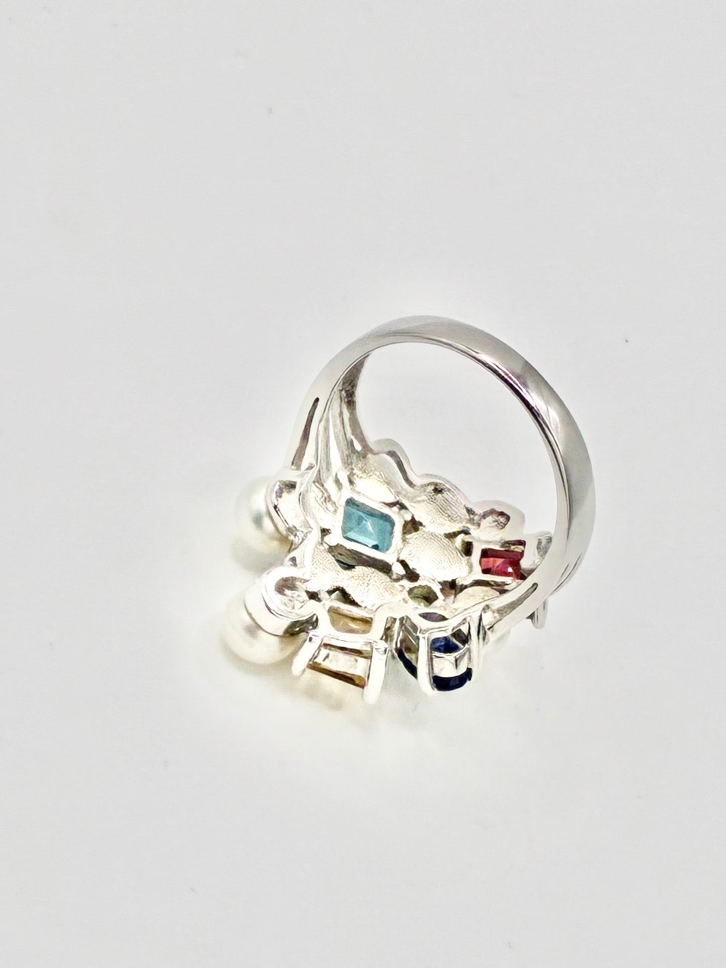 Sterling Silver Cultured Pearl & Multicolor Gemstone Cluster Ring – Size 7.25