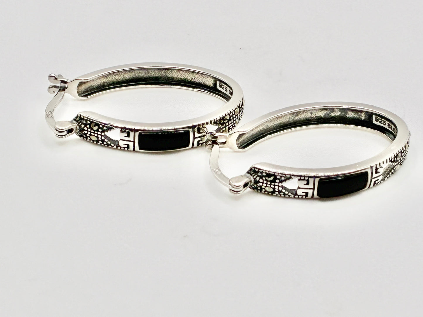 Tori Hill SLC Sterling Silver Marcasite & Black Onyx Oval Hoop Earrings