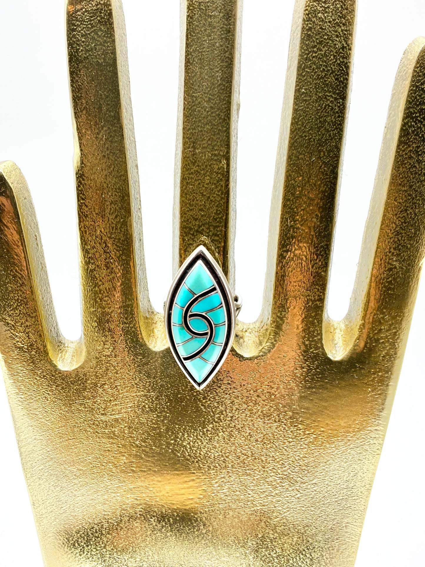 Zuni-Style “DQ” Sterling Silver Turquoise Mosaic Ring – Size 5.75
