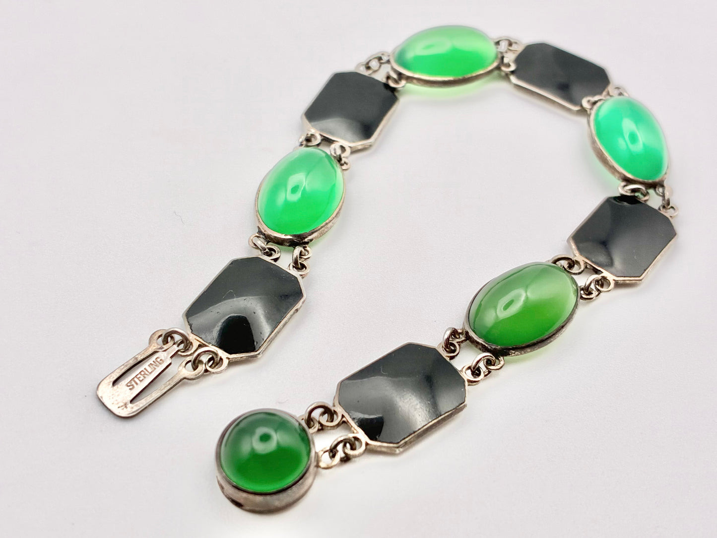Sterling Silver Bracelet with Green & Black Cabochons – 7"