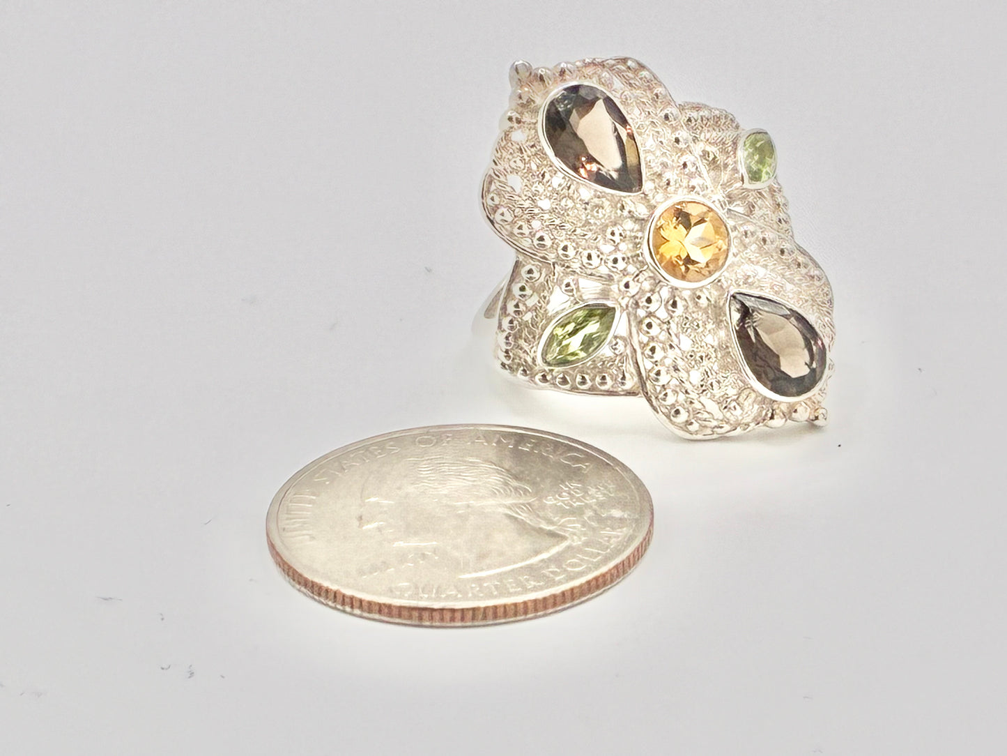 Sterling Silver Filigree Ring with Multicolor Gemstone Accents – Size 8