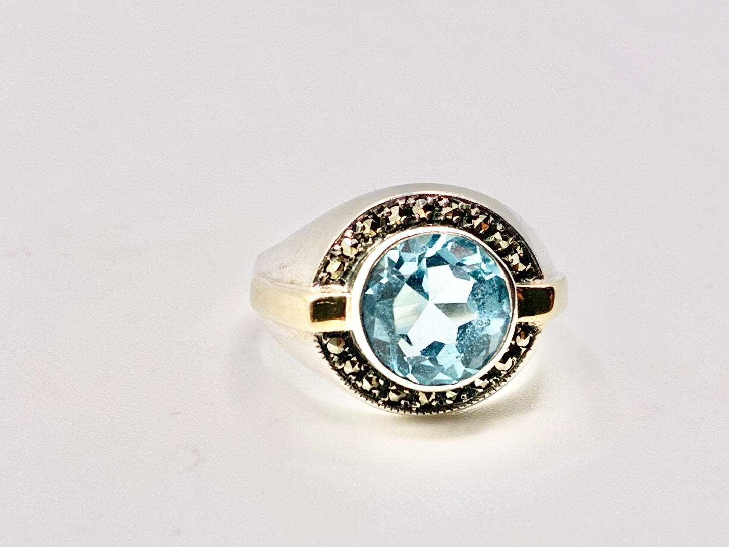 Sterling Silver & 14K Gold Blue Gem Ring – Size 9.5