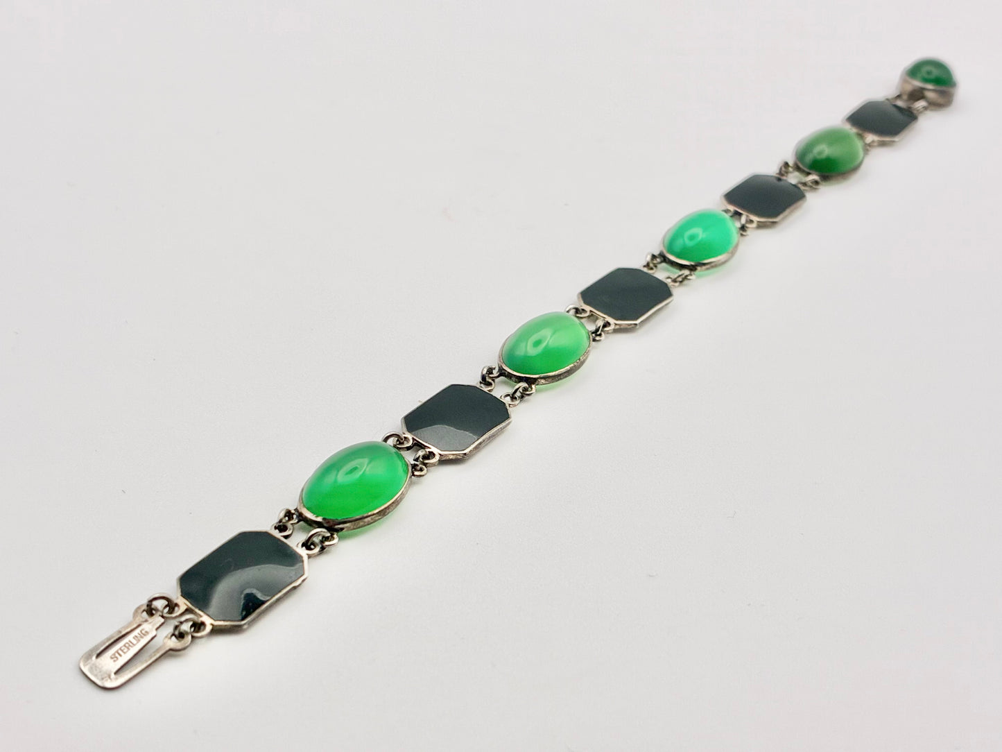 Sterling Silver Bracelet with Green & Black Cabochons – 7"