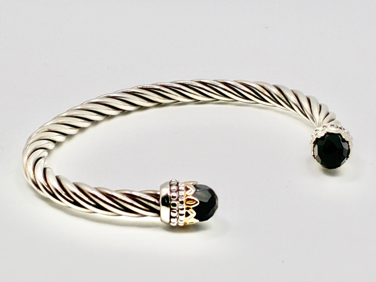 Sterling Silver & Gold-Tone Faceted Black Stone Cable Cuff Bracelet