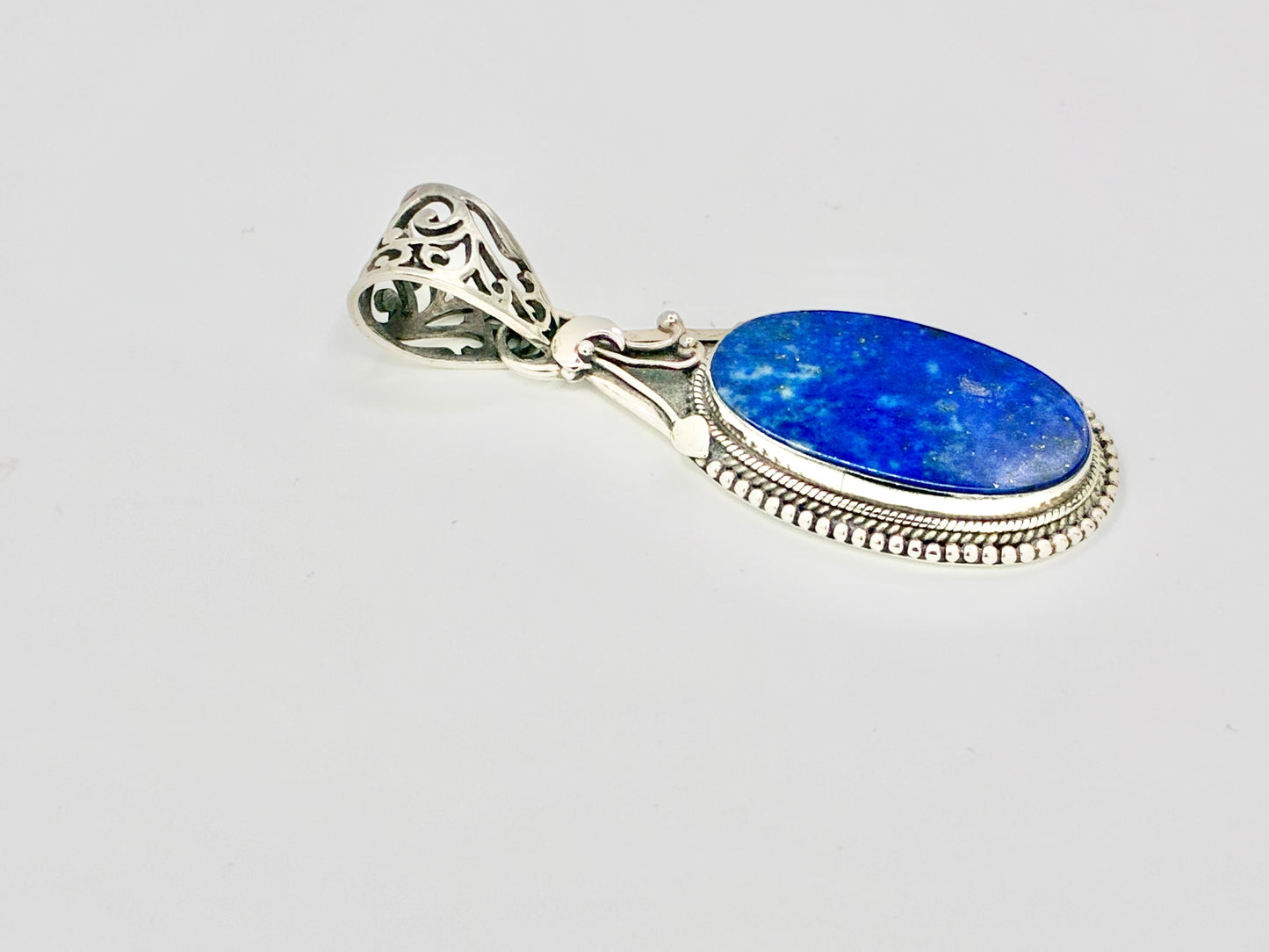 Large Sterling Silver Natural Blue Stone Pendant | Oval Cabochon | Ornate Filigree Bail | 925