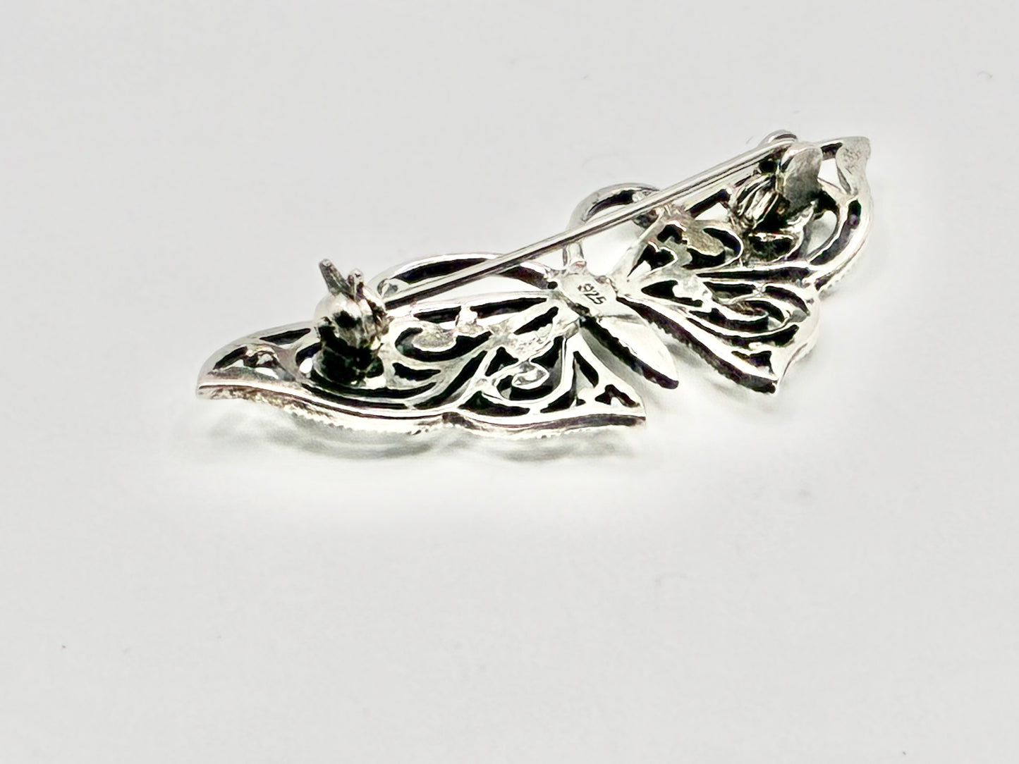 Sterling Silver Butterfly Brooch – Openwork Filigree with Marcasite Detail
