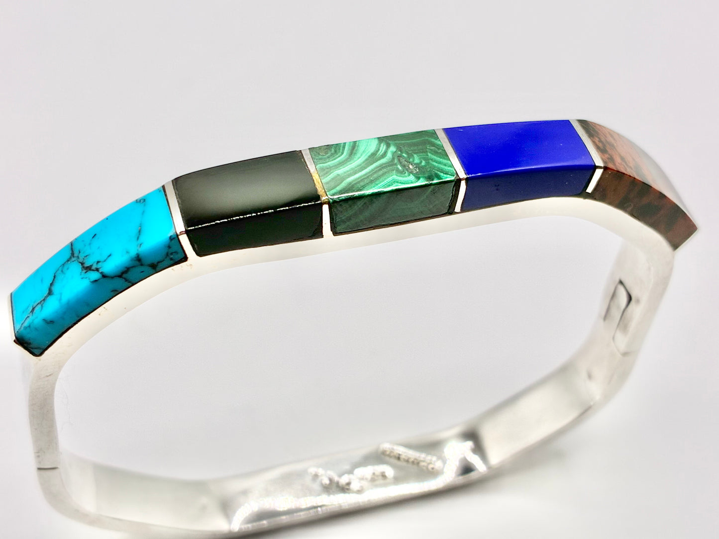 Mexico 925 Sterling Silver Multi-Stone Inlay Hinged Bangle — TJ-65