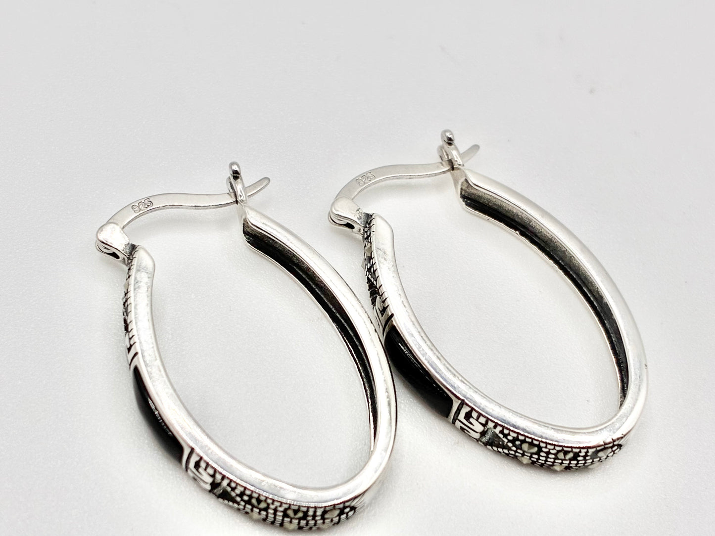 Tori Hill SLC Sterling Silver Marcasite & Black Onyx Oval Hoop Earrings