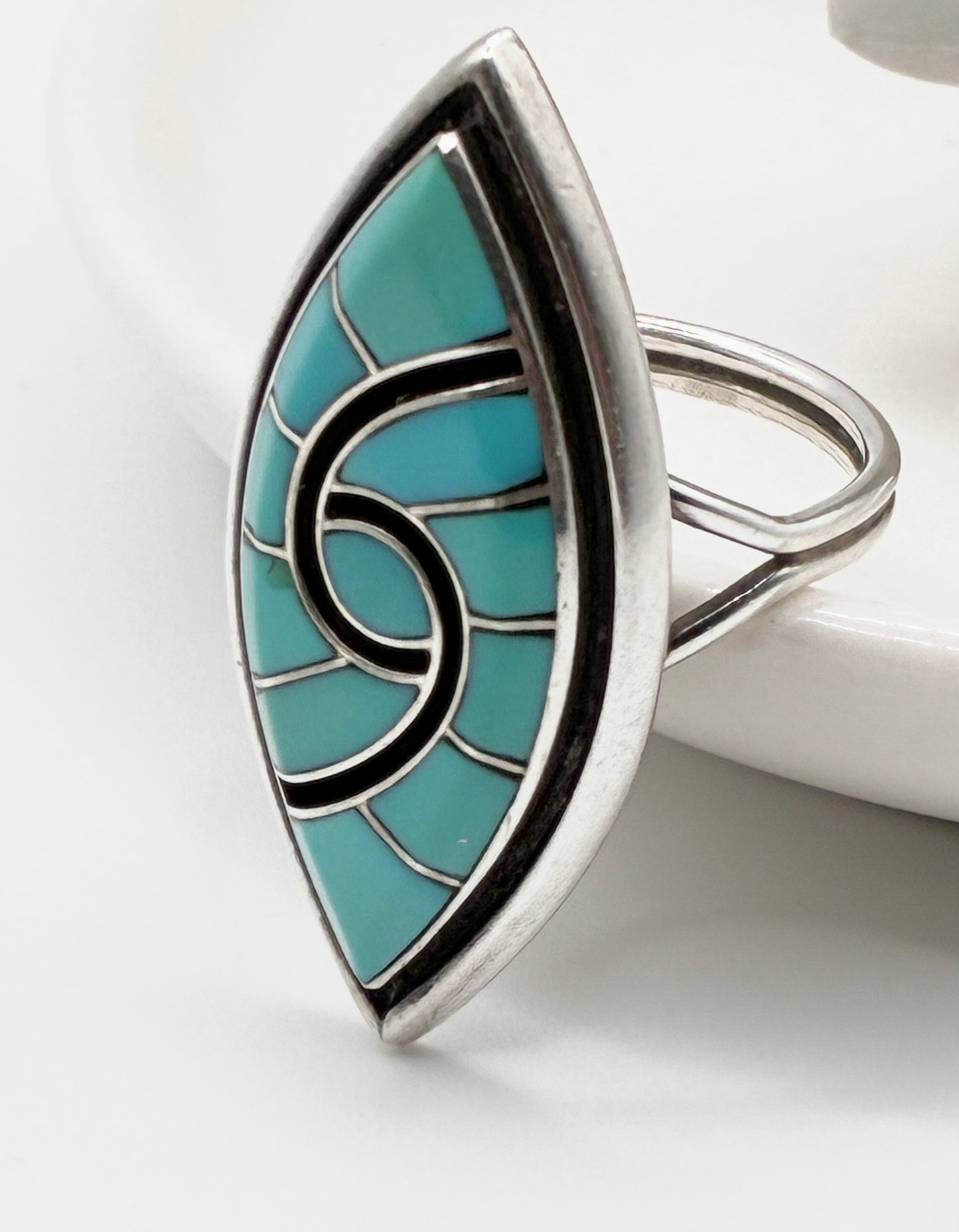 Zuni-Style “DQ” Sterling Silver Turquoise Mosaic Ring – Size 5.75