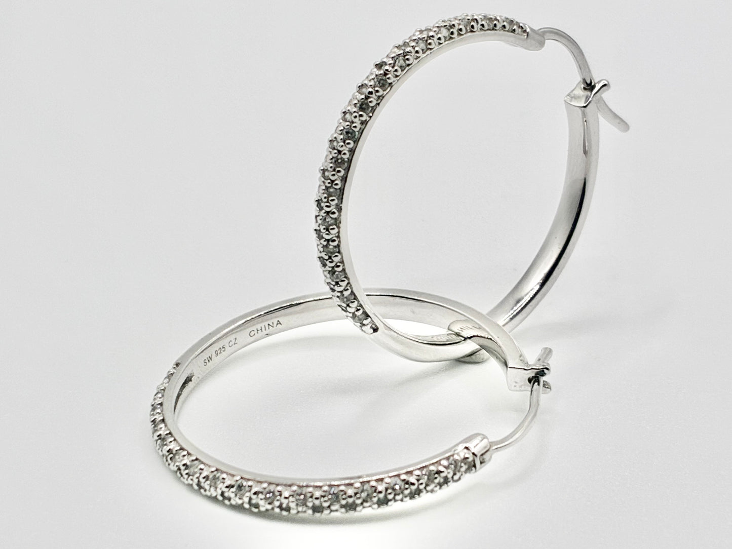 Sterling Silver 925 Pavé CZ Hoop Earrings