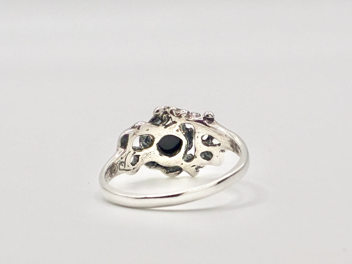 Sterling Silver Blue Cabochon Floral Scroll Ring – Size 12