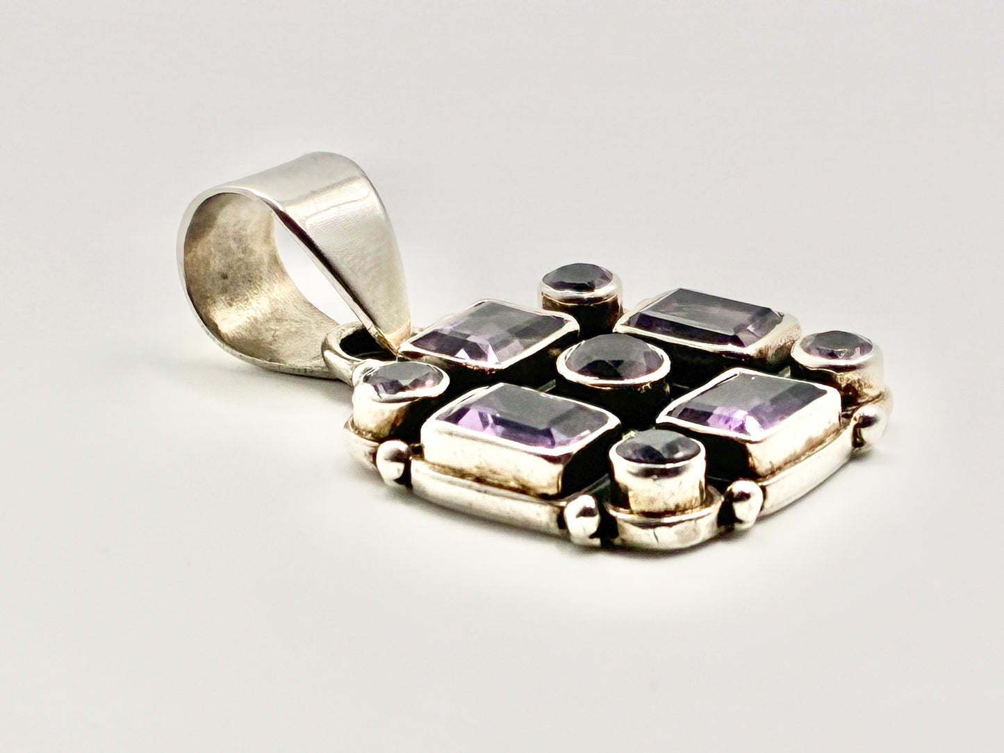 Artisan Sterling Silver Geometric Purple Stone Pendant | 925 | Mexican Style | 1.61"