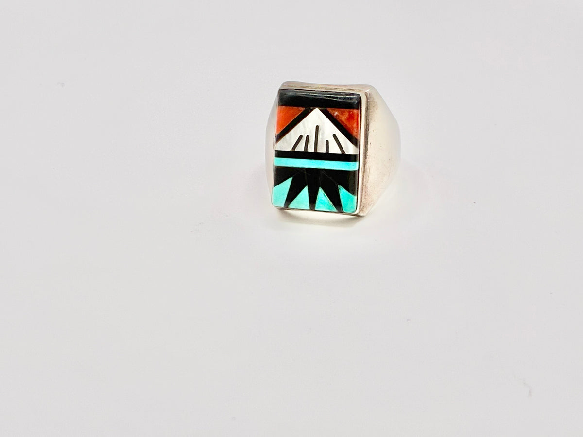 Zuni Sterling Silver Turquoise Jet Spiny Oyster Channel Inlay Ring Size 12