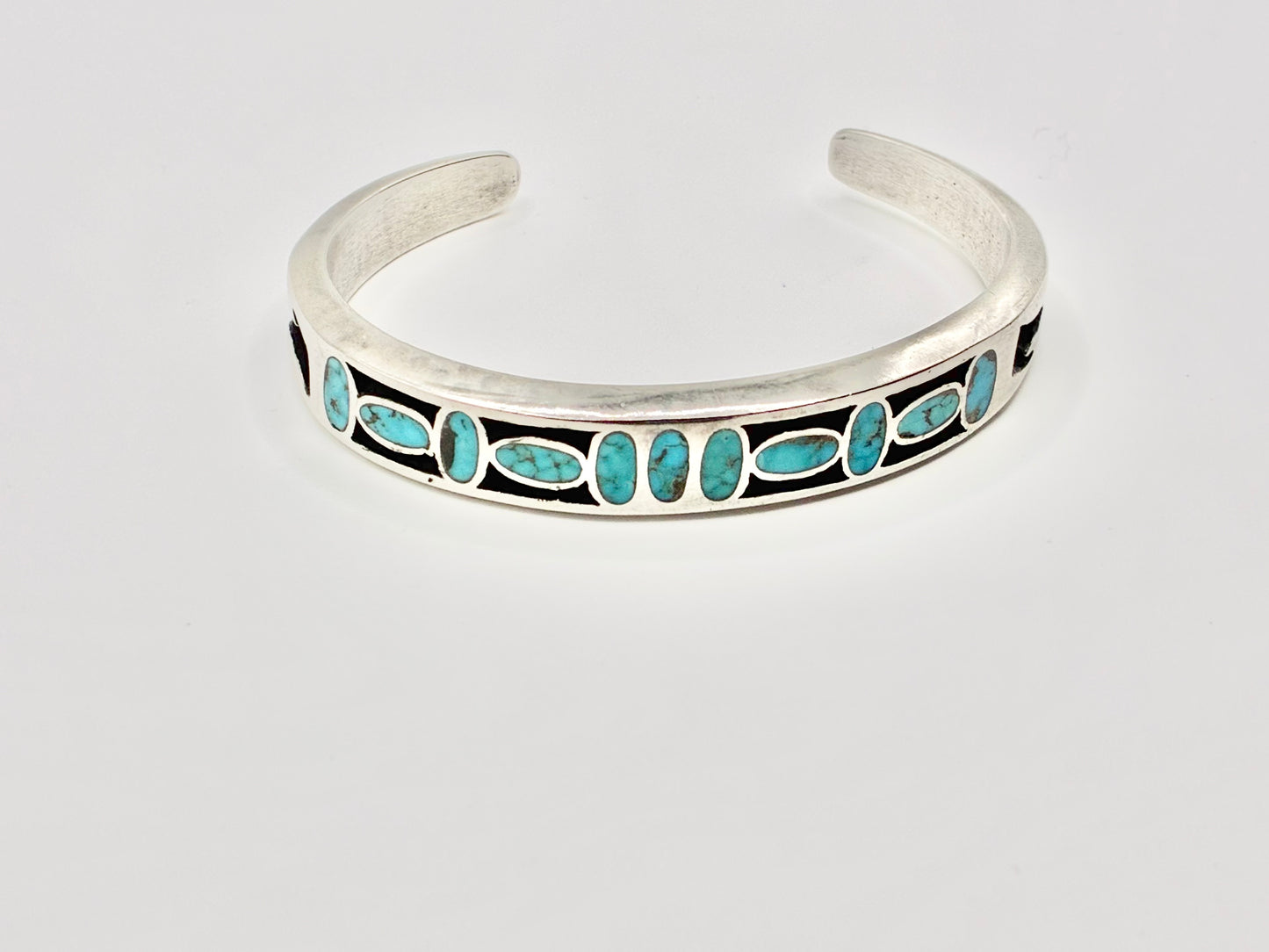 Sterling Silver Zuni Turquoise Inlay Cuff Bracelet – Solid, Heavy Gauge