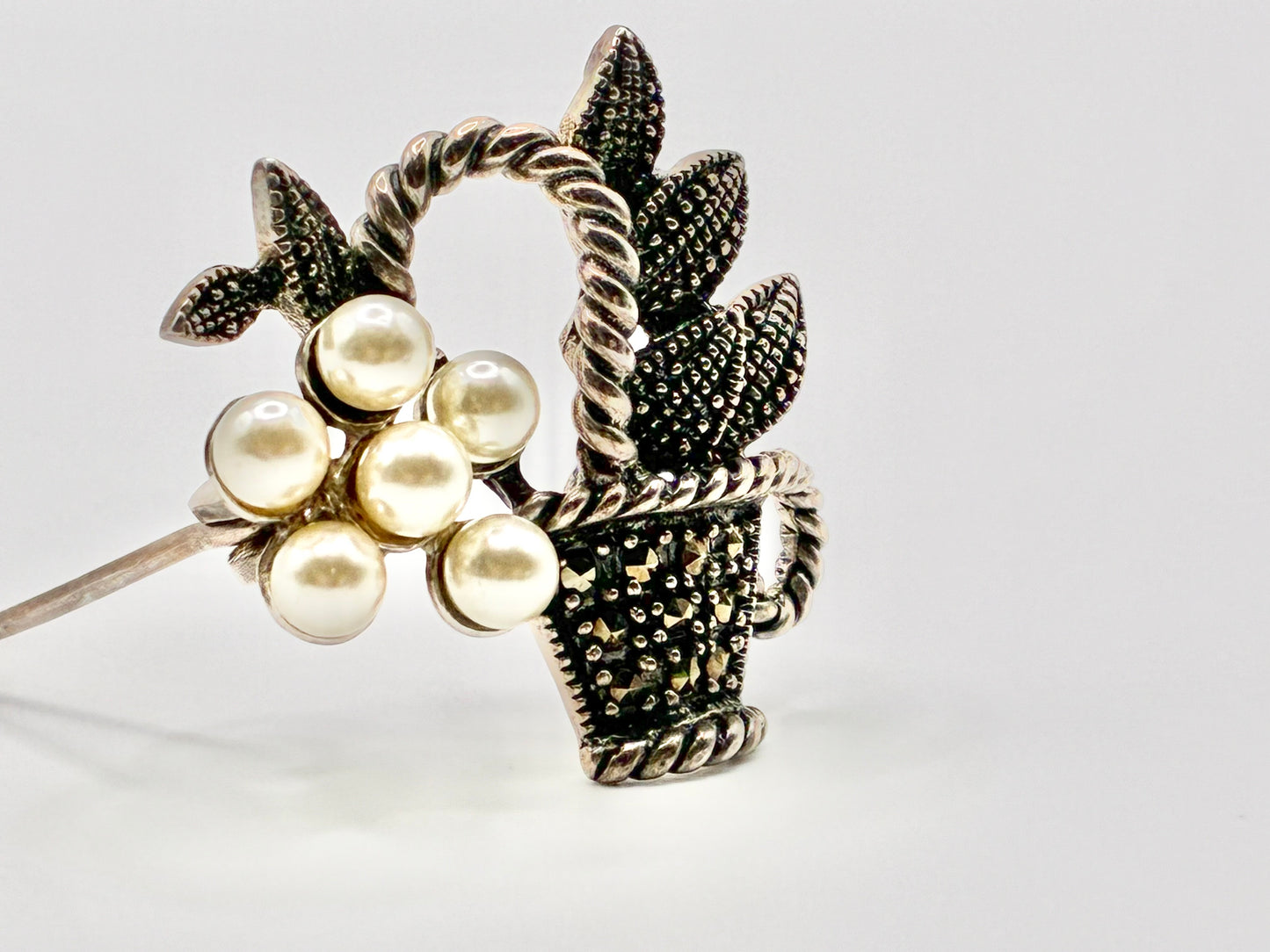 Marcasite & Pearl Flower Basket Brooch 925 Sterling Silver Pin