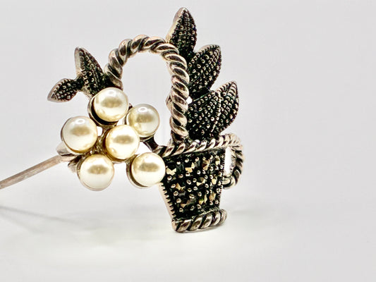 Marcasite & Pearl Flower Basket Brooch 925 Sterling Silver Pin
