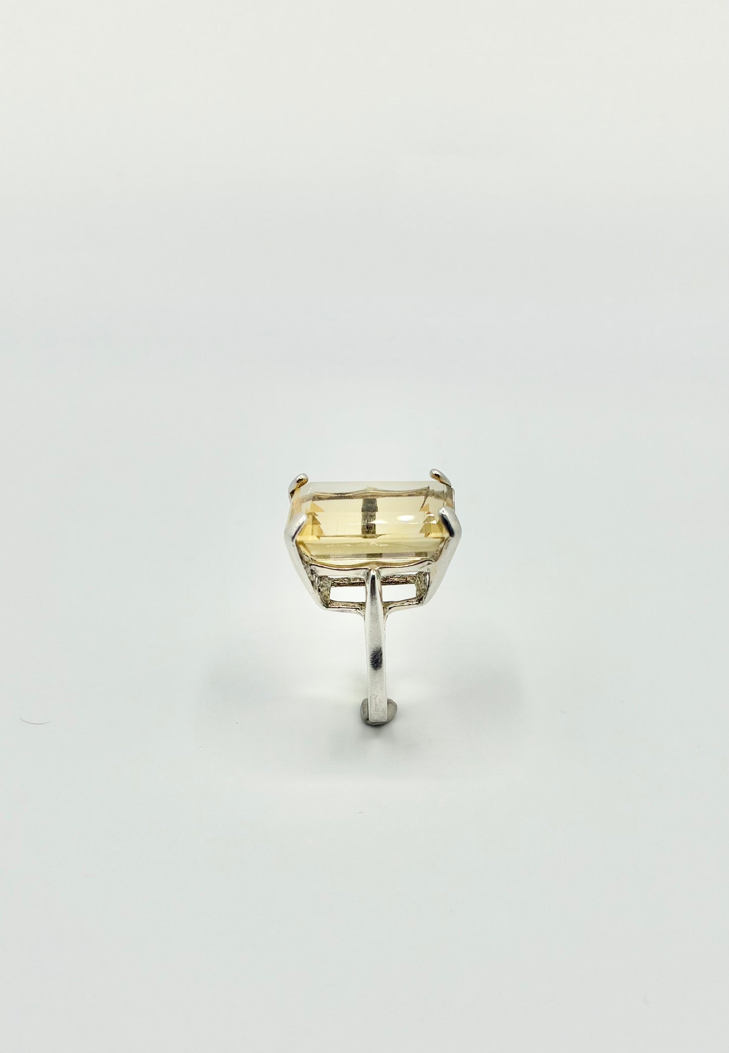 Large Emerald Cut Yellow Stone Sterling Silver Ring - Size 6
