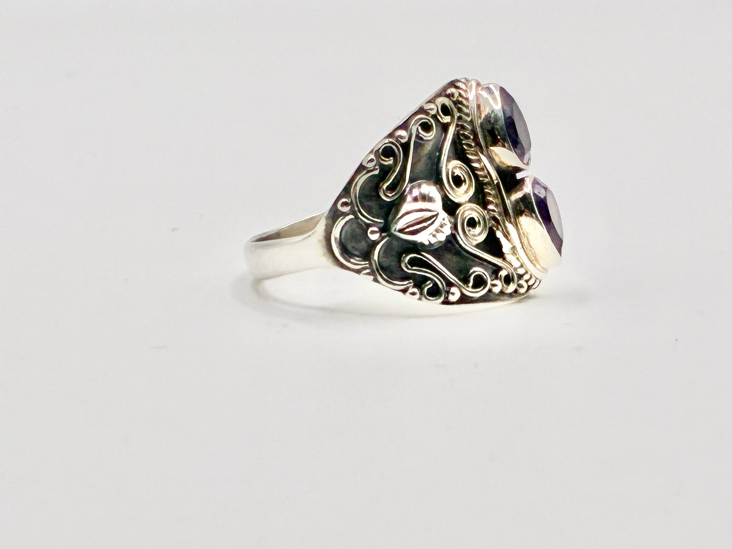 Sterling Silver Amethyst Statement Ring – Bold Ornate Filigree – Size 8.5