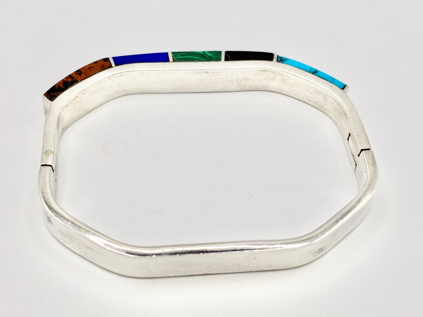 Mexico 925 Sterling Silver Multi-Stone Inlay Hinged Bangle — TJ-65