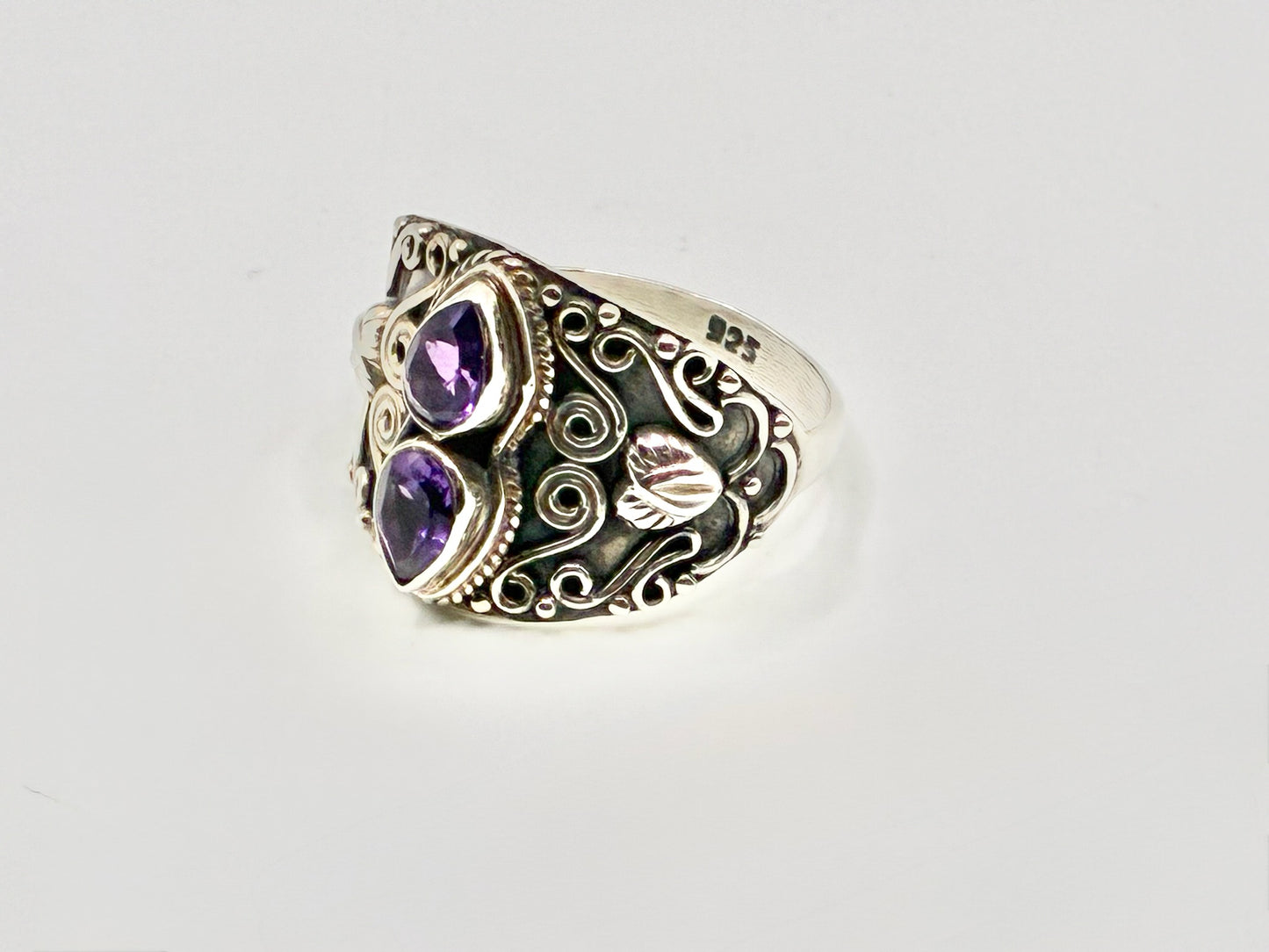 Sterling Silver Amethyst Statement Ring – Bold Ornate Filigree – Size 8.5