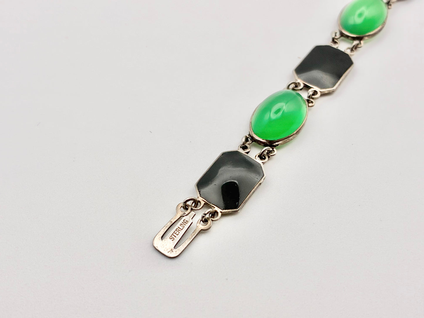 Sterling Silver Bracelet with Green & Black Cabochons – 7"