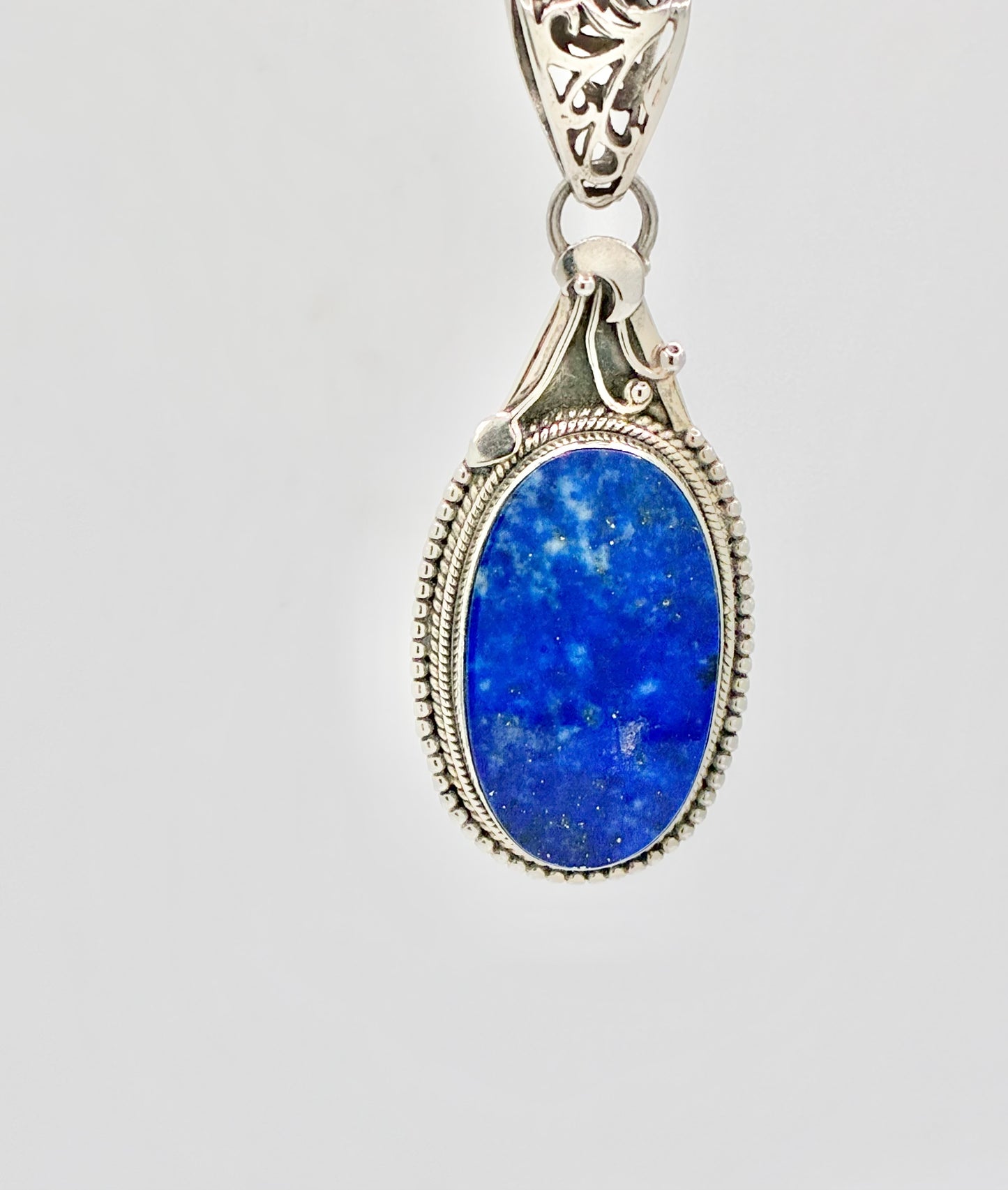 Large Sterling Silver Natural Blue Stone Pendant | Oval Cabochon | Ornate Filigree Bail | 925