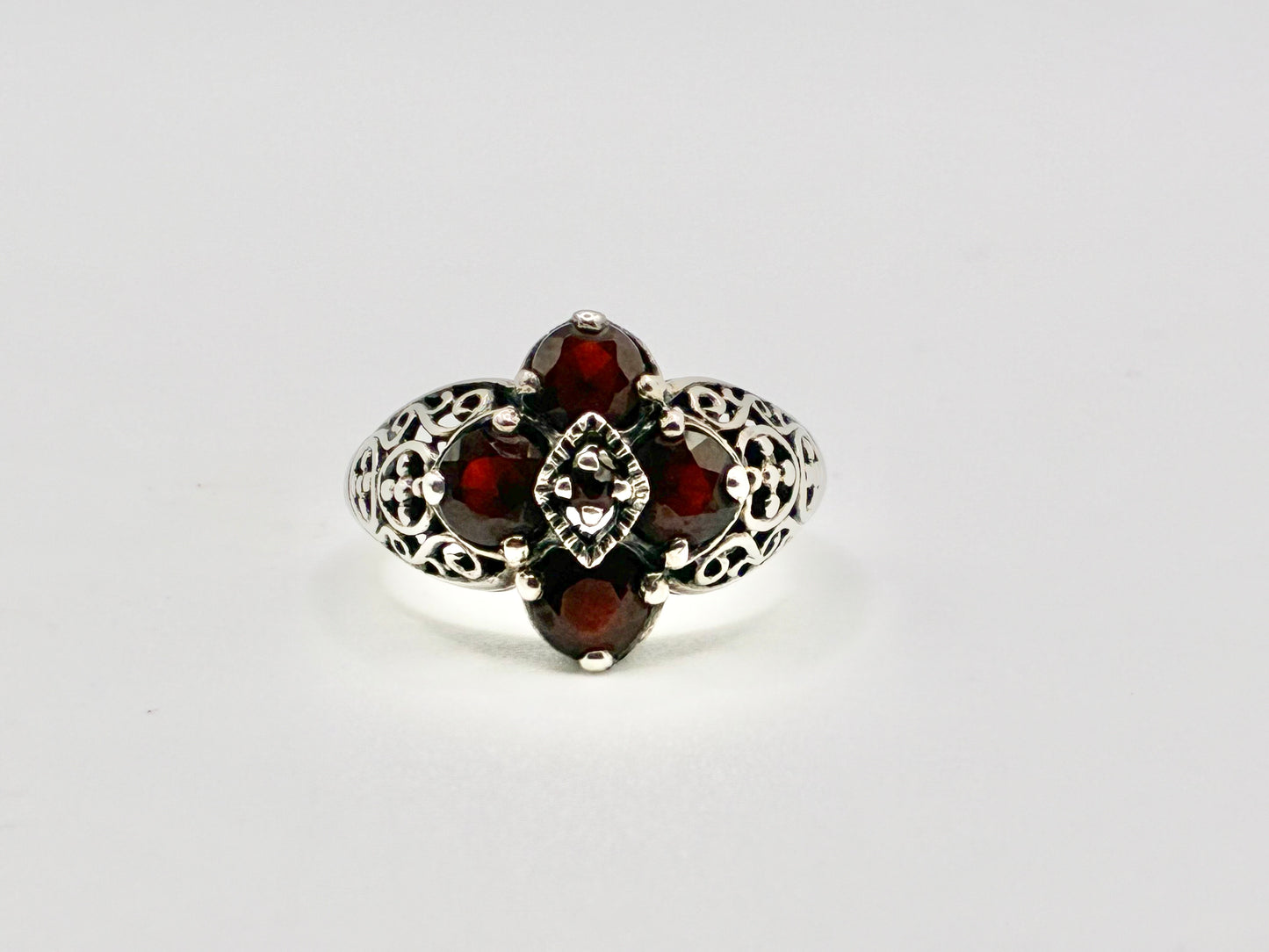 Sterling Silver Garnet Filigree Ring – Size 8