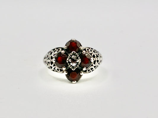 Sterling Silver Garnet Filigree Ring – Size 8
