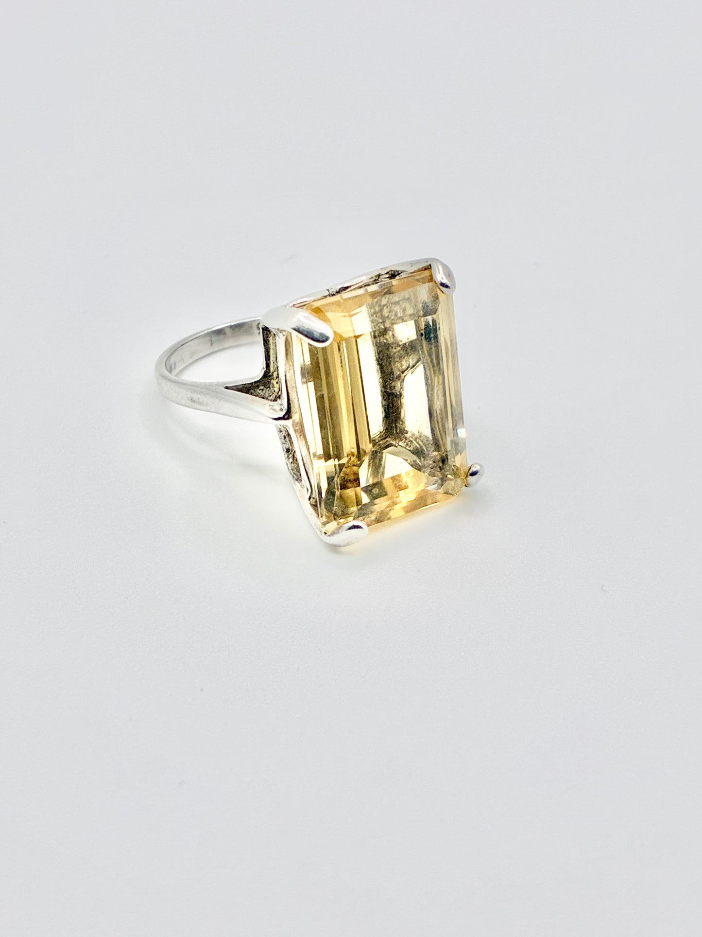 Large Emerald Cut Yellow Stone Sterling Silver Ring - Size 6