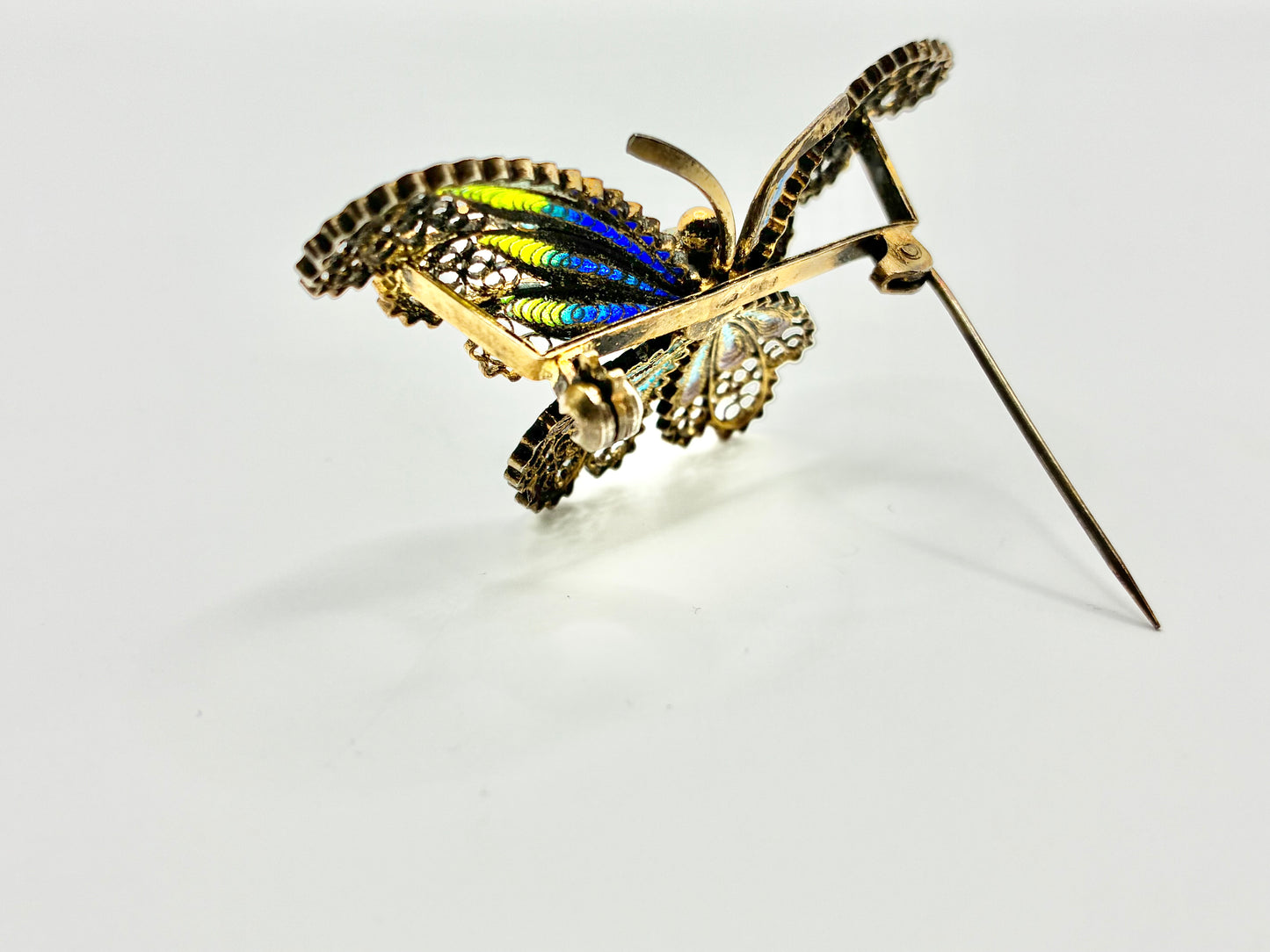 800 Silver Enamel Butterfly Brooch Filigree European Antique Style Blue Green