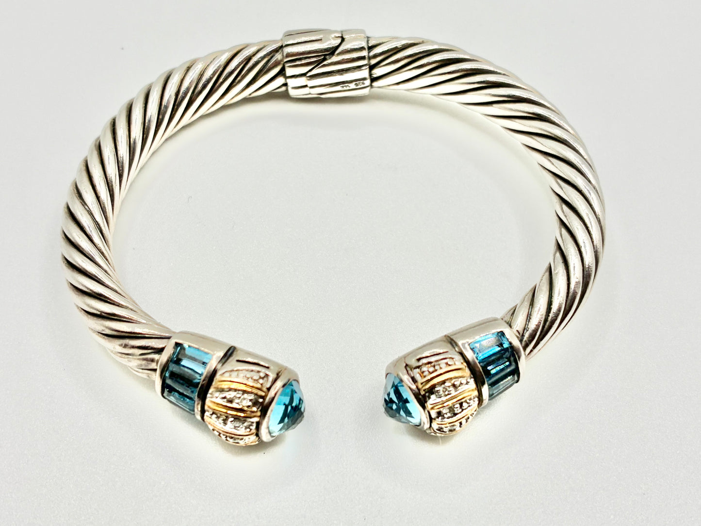 925 & 14K Two-Tone Cable Cuff Bracelet with Blue Gemstone Finials