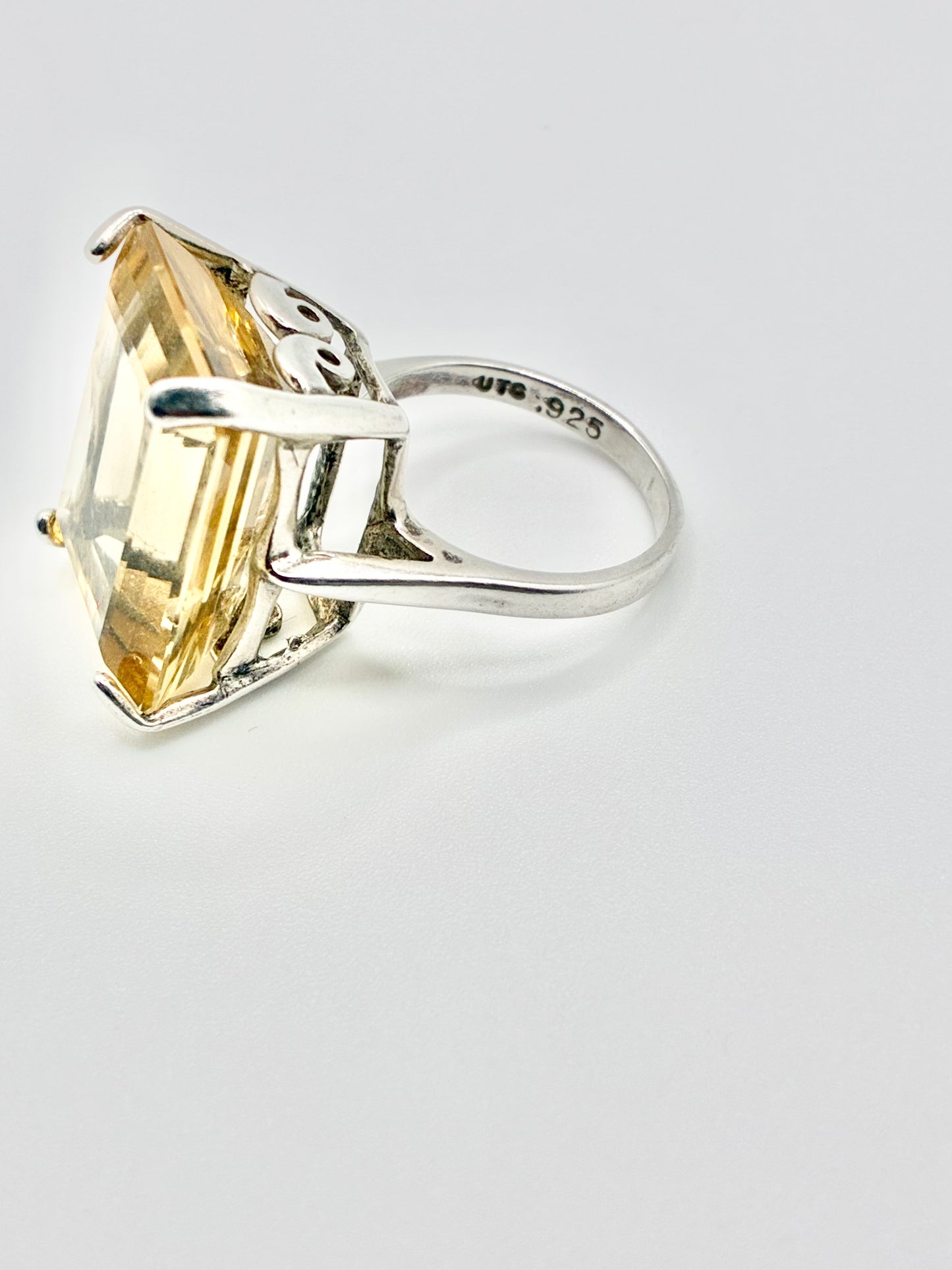 Large Emerald Cut Yellow Stone Sterling Silver Ring - Size 6