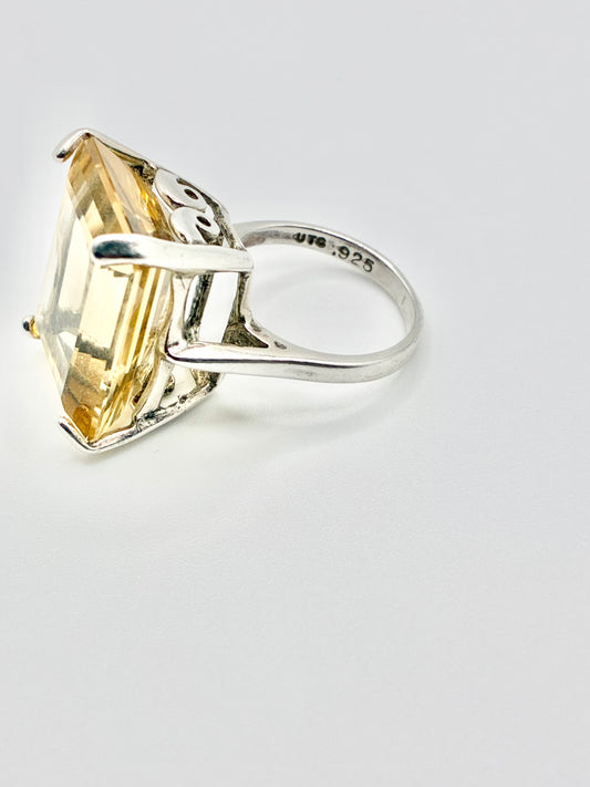 Large Emerald Cut Yellow Stone Sterling Silver Ring - Size 6