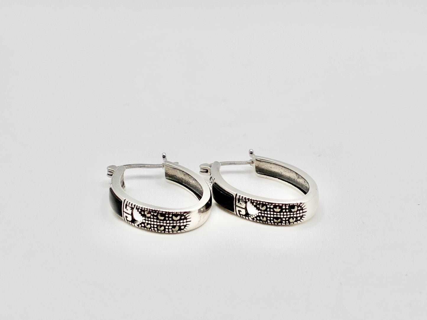 Tori Hill SLC Sterling Silver Marcasite & Black Onyx Oval Hoop Earrings