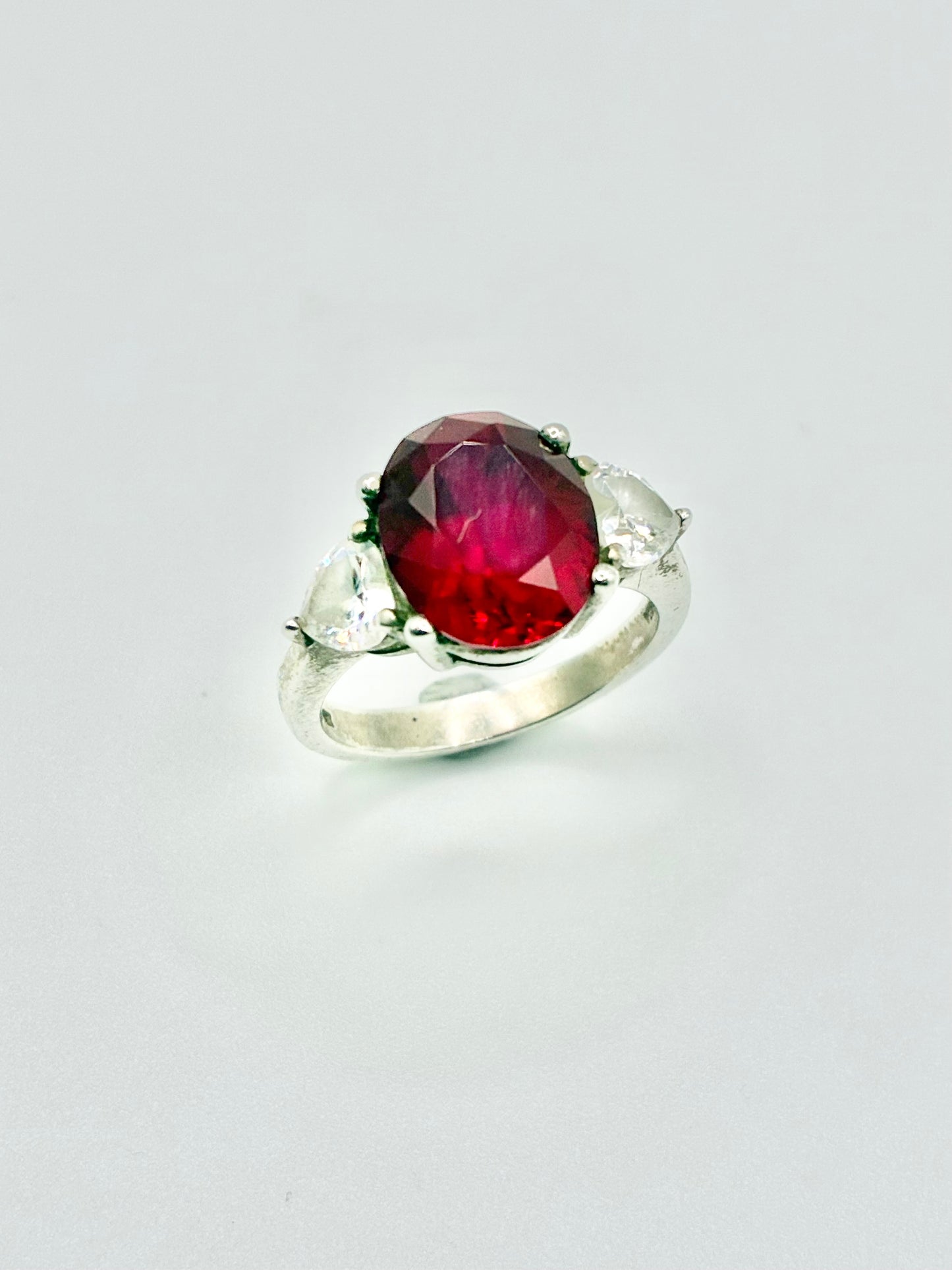 Silver Red and White Stone Ring - Size 5.75