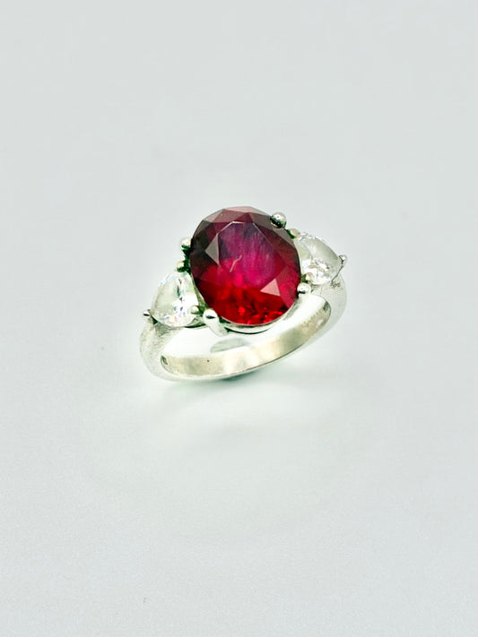 Silver Red and White Stone Ring - Size 5.75