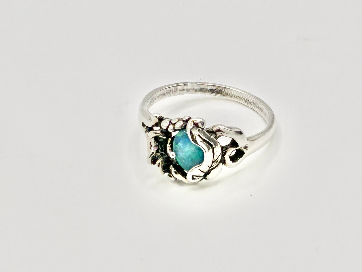 Sterling Silver Blue Cabochon Floral Scroll Ring – Size 12