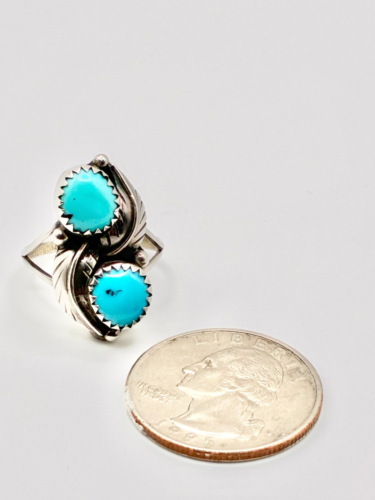Sterling Silver Turquoise Leaf Navajo Ring - Size 6.75