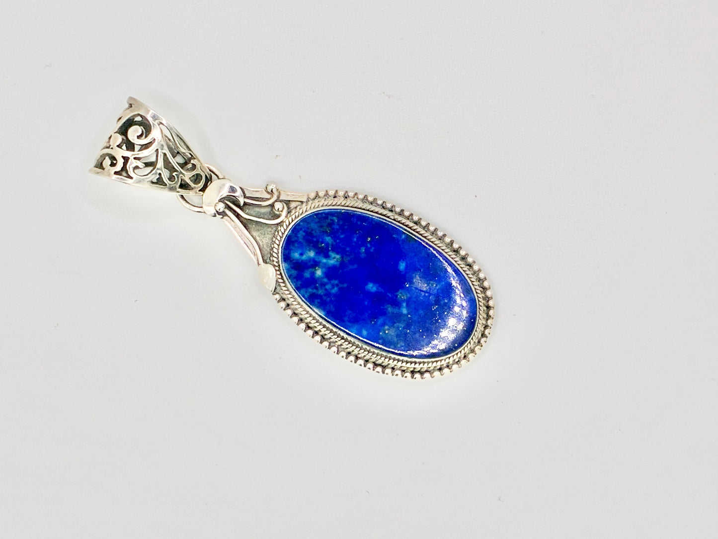 Large Sterling Silver Natural Blue Stone Pendant | Oval Cabochon | Ornate Filigree Bail | 925