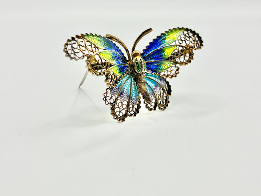 800 Silver Enamel Butterfly Brooch Filigree European Antique Style Blue Green