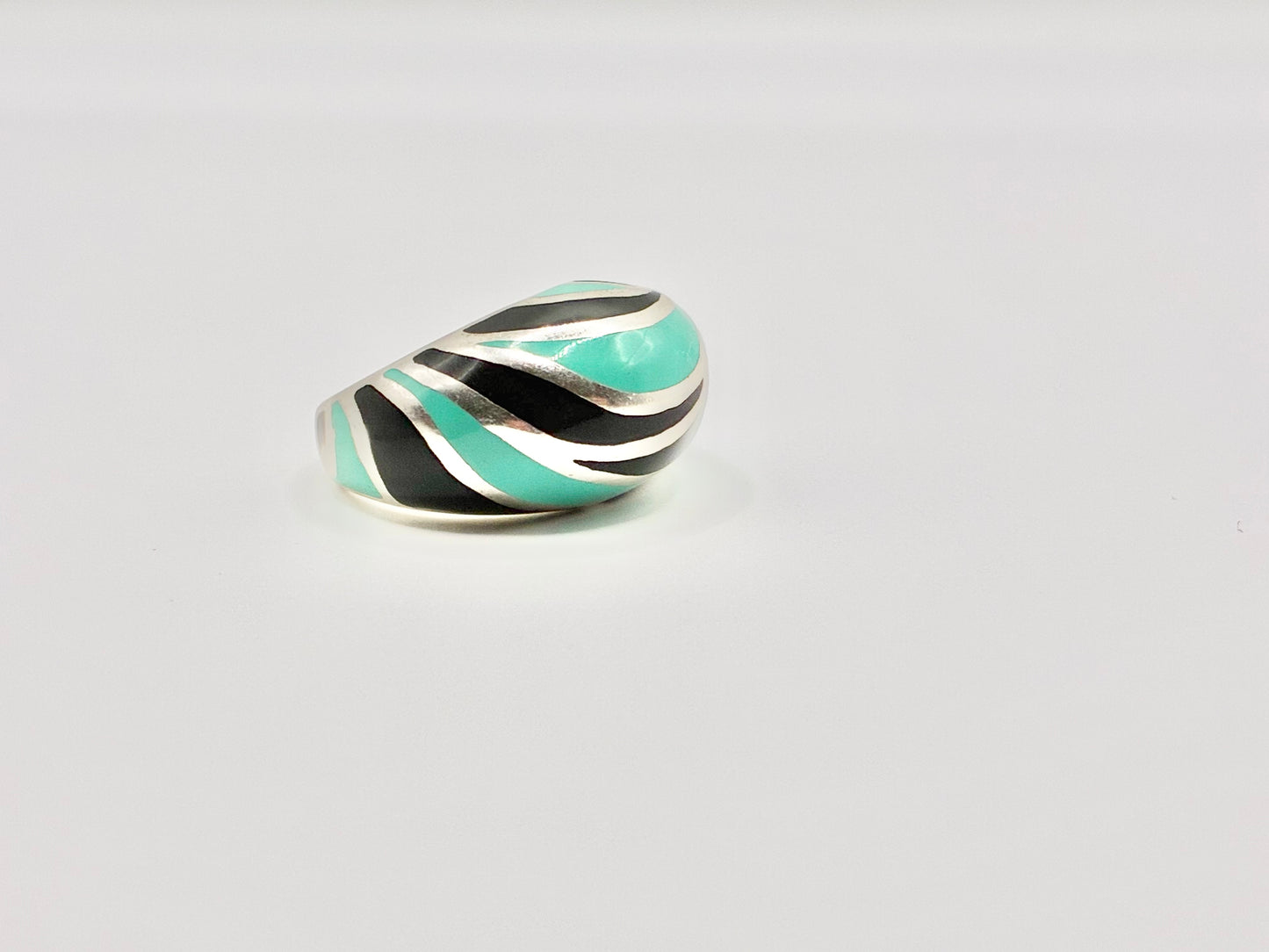 Flli Menegatti Italy Sterling Silver Enamel Ring – Black & Turquoise Modernist Band