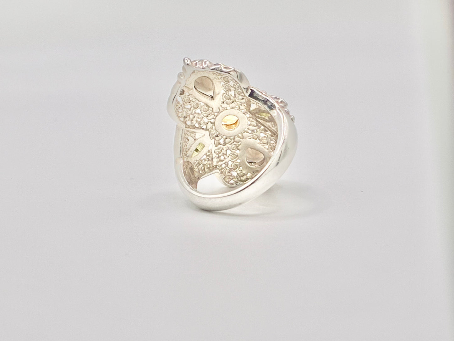 Sterling Silver Filigree Ring with Multicolor Gemstone Accents – Size 8