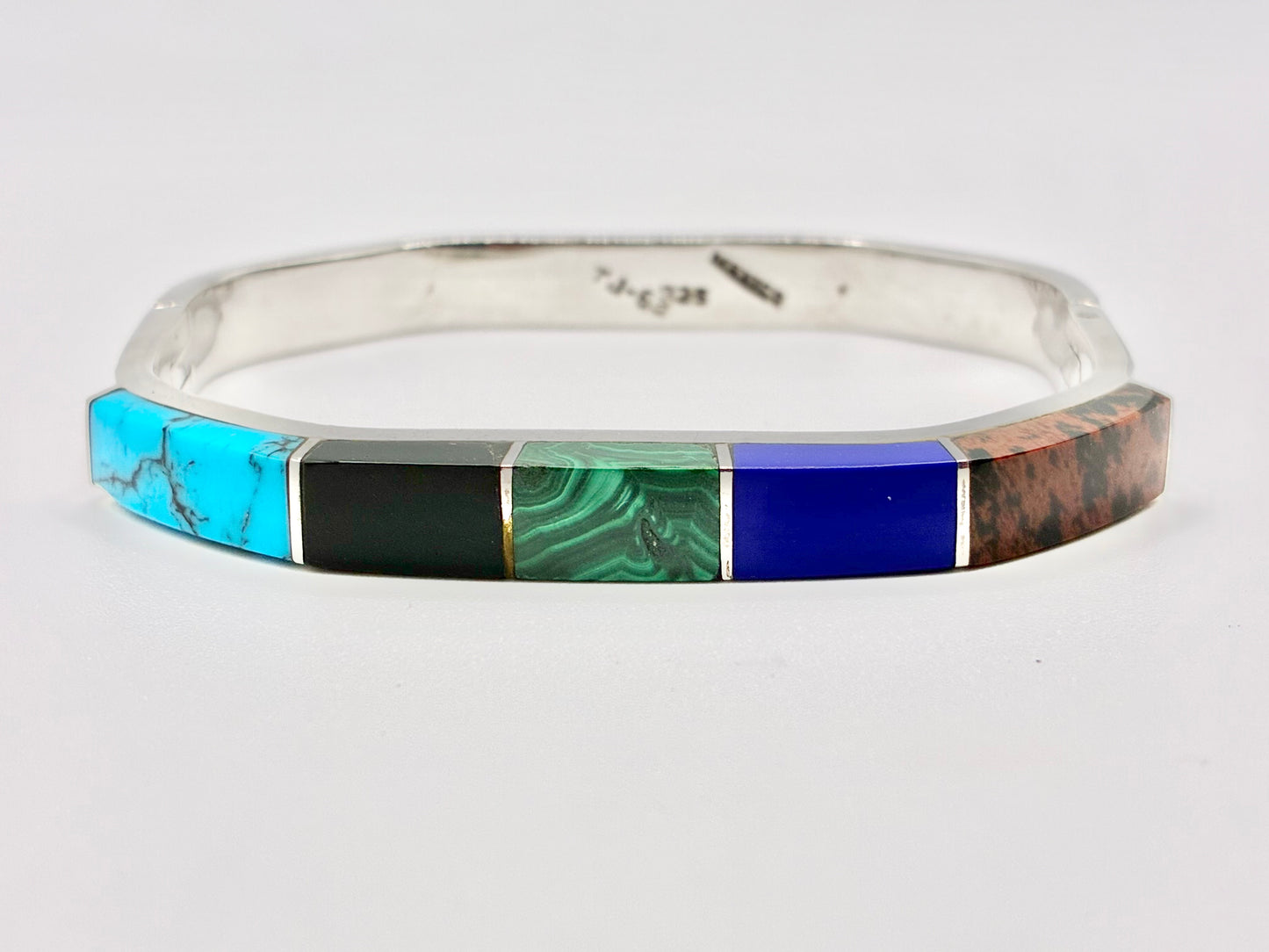 Mexico 925 Sterling Silver Multi-Stone Inlay Hinged Bangle — TJ-65