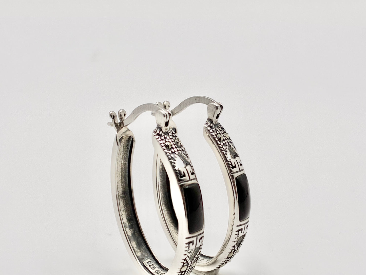 Tori Hill SLC Sterling Silver Marcasite & Black Onyx Oval Hoop Earrings