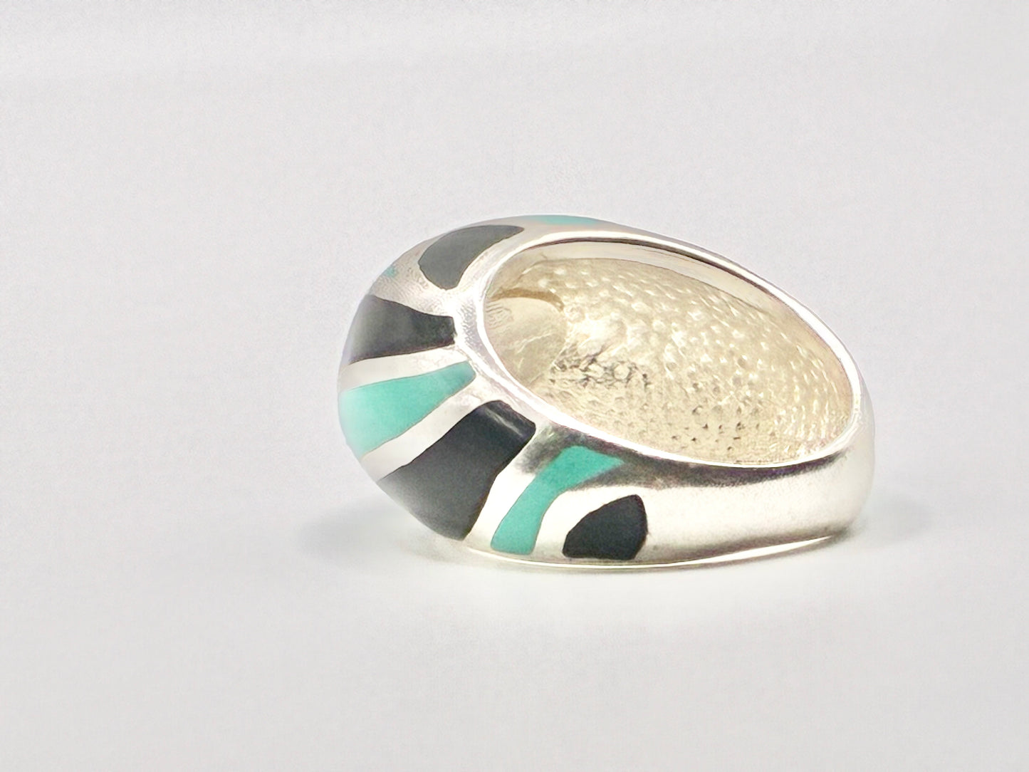 Flli Menegatti Italy Sterling Silver Enamel Ring – Black & Turquoise Modernist Band