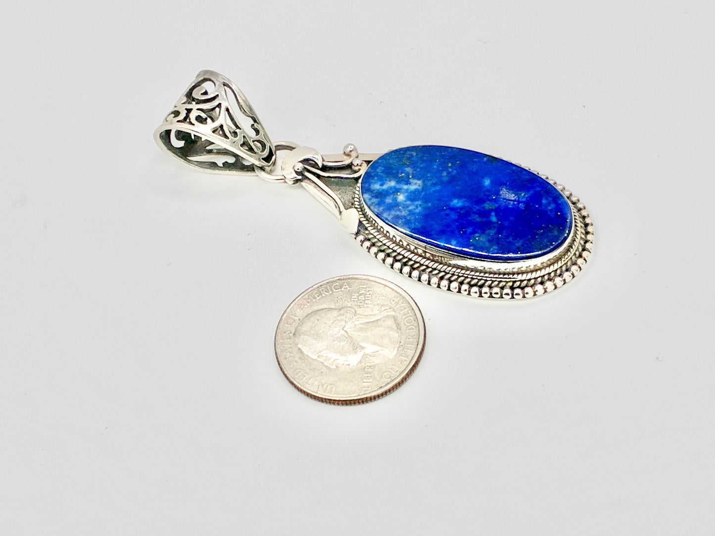 Large Sterling Silver Natural Blue Stone Pendant | Oval Cabochon | Ornate Filigree Bail | 925