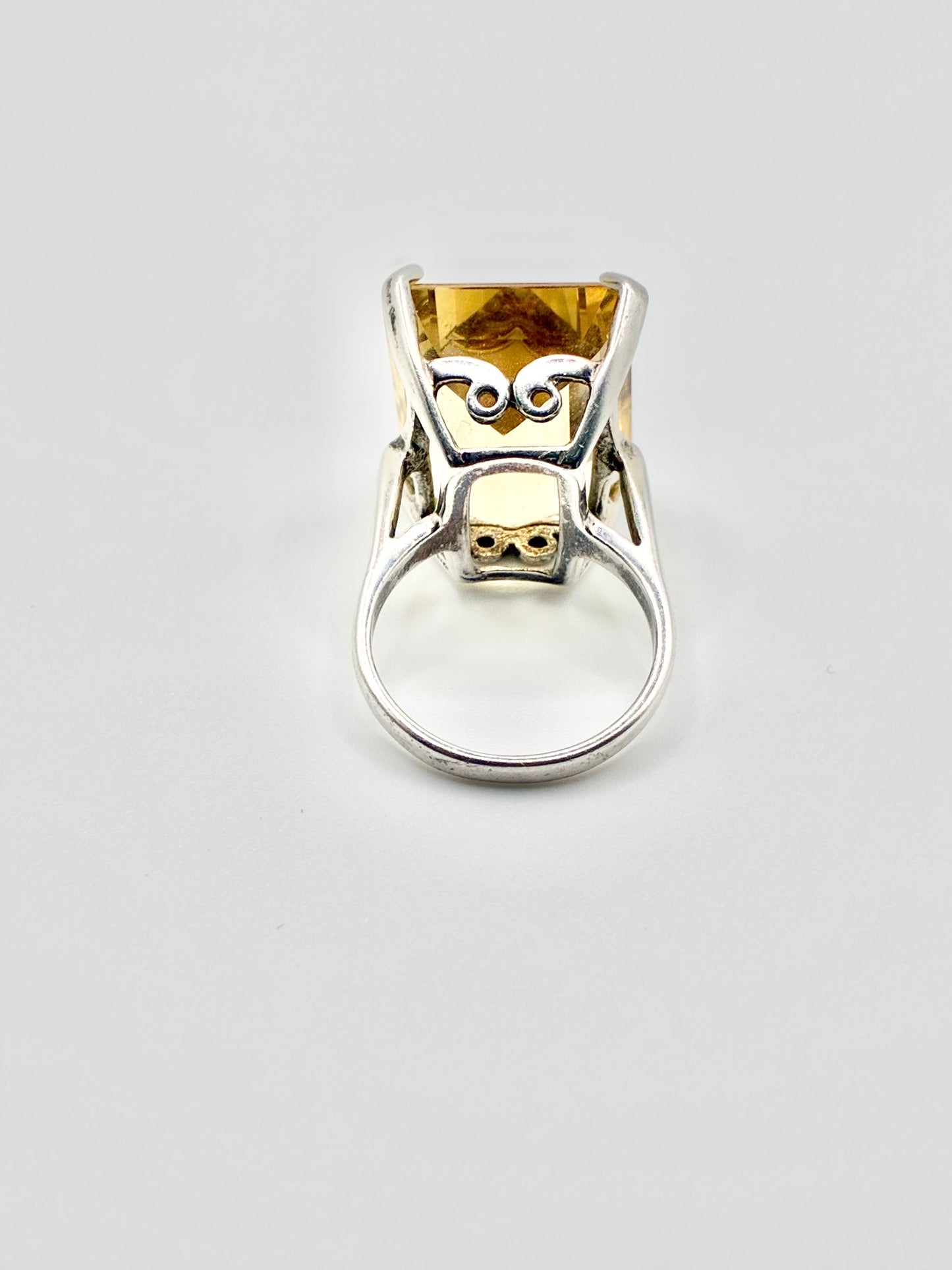 Large Emerald Cut Yellow Stone Sterling Silver Ring - Size 6